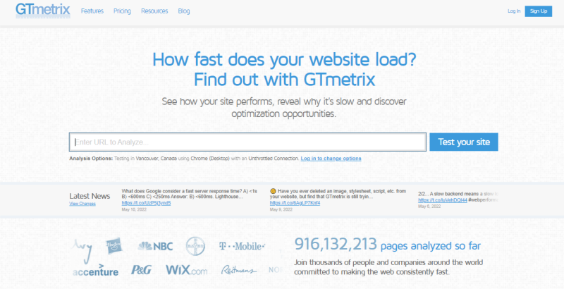 تست سرعت سایت با جی تی متریکس