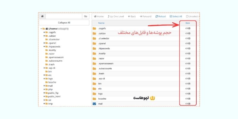 حجم پوشههای مختلف در فایل منیجر سیپنل