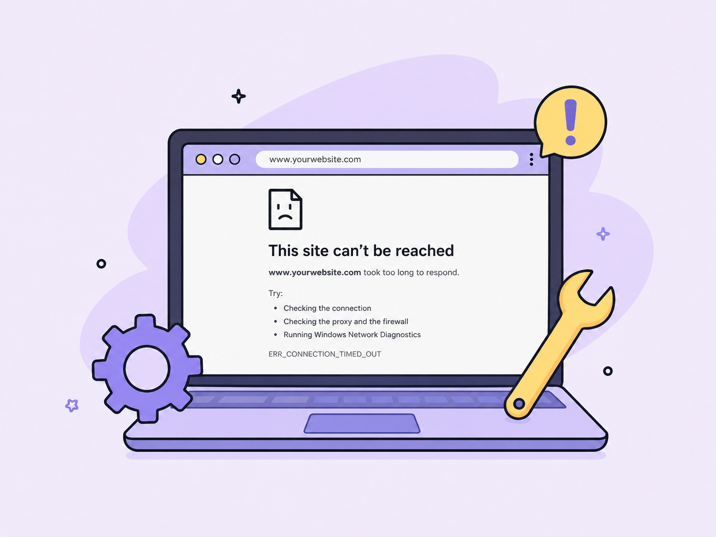یک لپتاپ که داخلش یک سایت باز است و دارد خطای This site can’t be reached را نشان میدهد. در کنار تصویر، ابزارهایی مثل آچار و چرخ دنده هم استفاده شده است.