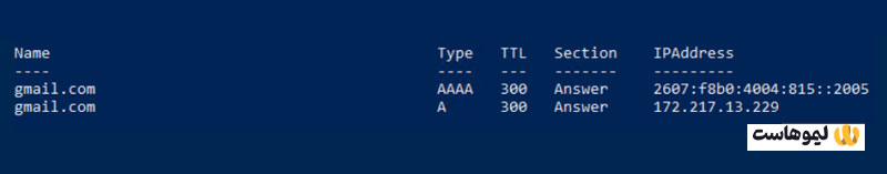 نتیجه پیش‌فرض Resolve-DnsName