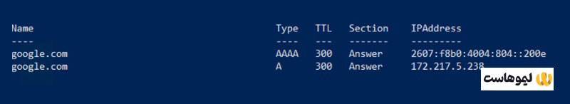 نتیجه دستور Resolve-DnsName