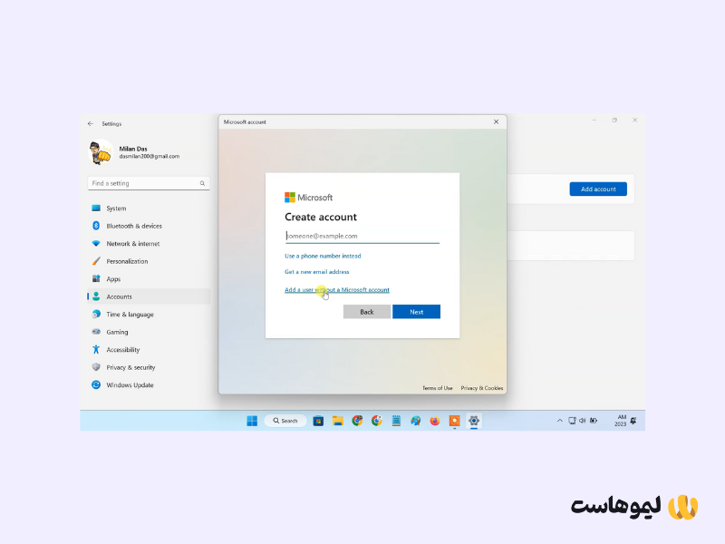 گزینه 'Add a user without a Microsoft account' را انتخاب و روی 'Next' کلیک کنید.