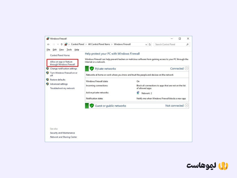 روی 'Allow an app or feature through Windows Firewall' کلیک کنید.