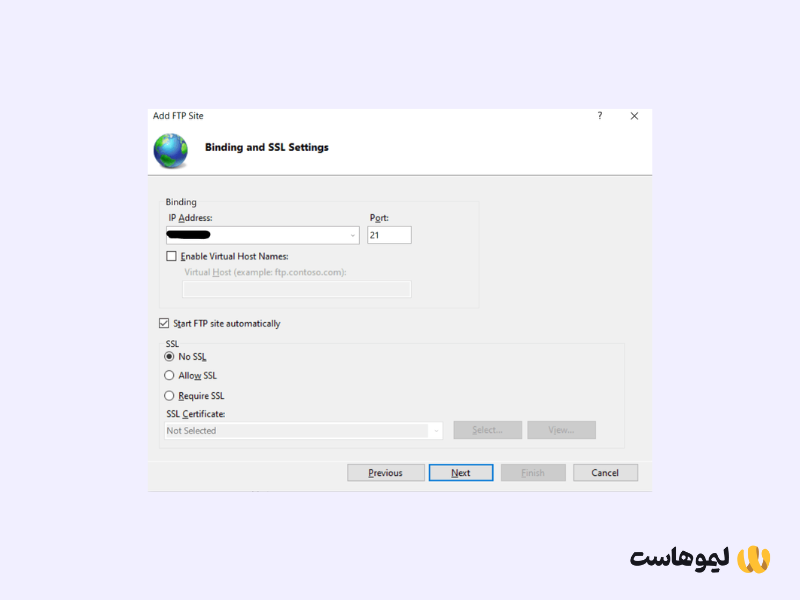 فیلدهای پنجره 'Binding and SSL Settings' را پر کنید