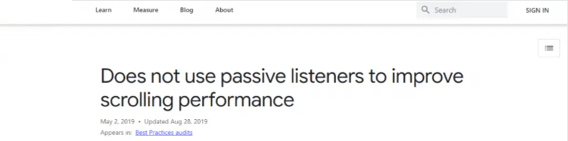 does not use passive listener to improve scrolling performance